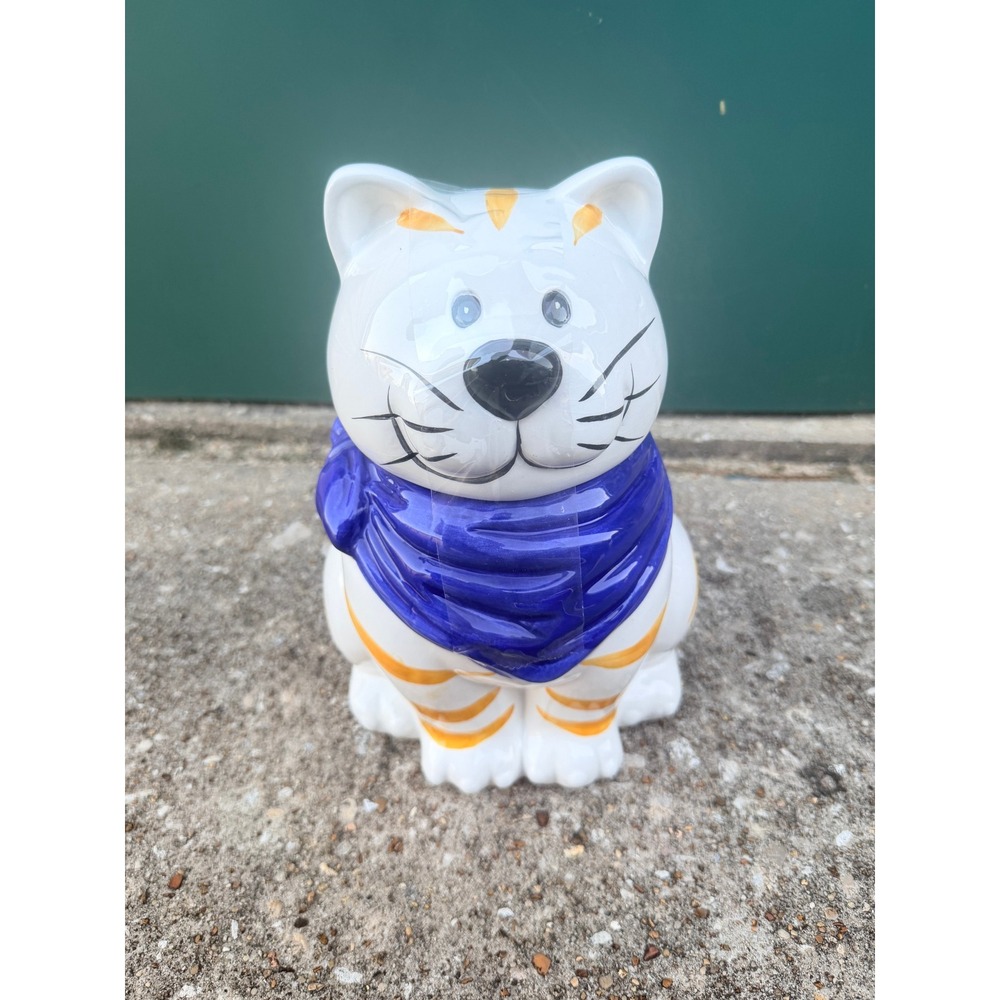 Vintage Style Ceramic White Orange Striped Cat Cookie Jar Blue Scarf‎ 10 Inch